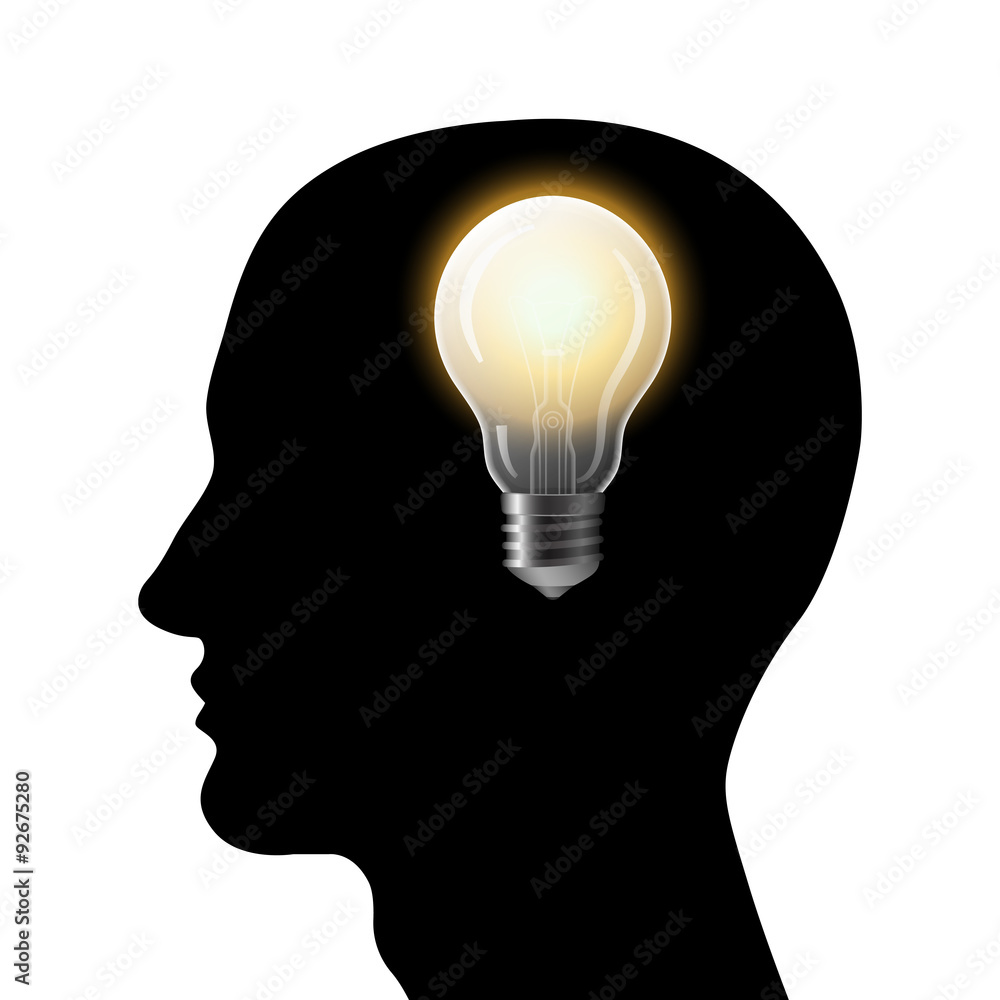 Head silhouette with bulb. Man thinking about new idea. Vector illustration. Head silhouette with bulb. Man thinking about new idea. Vector illustration.