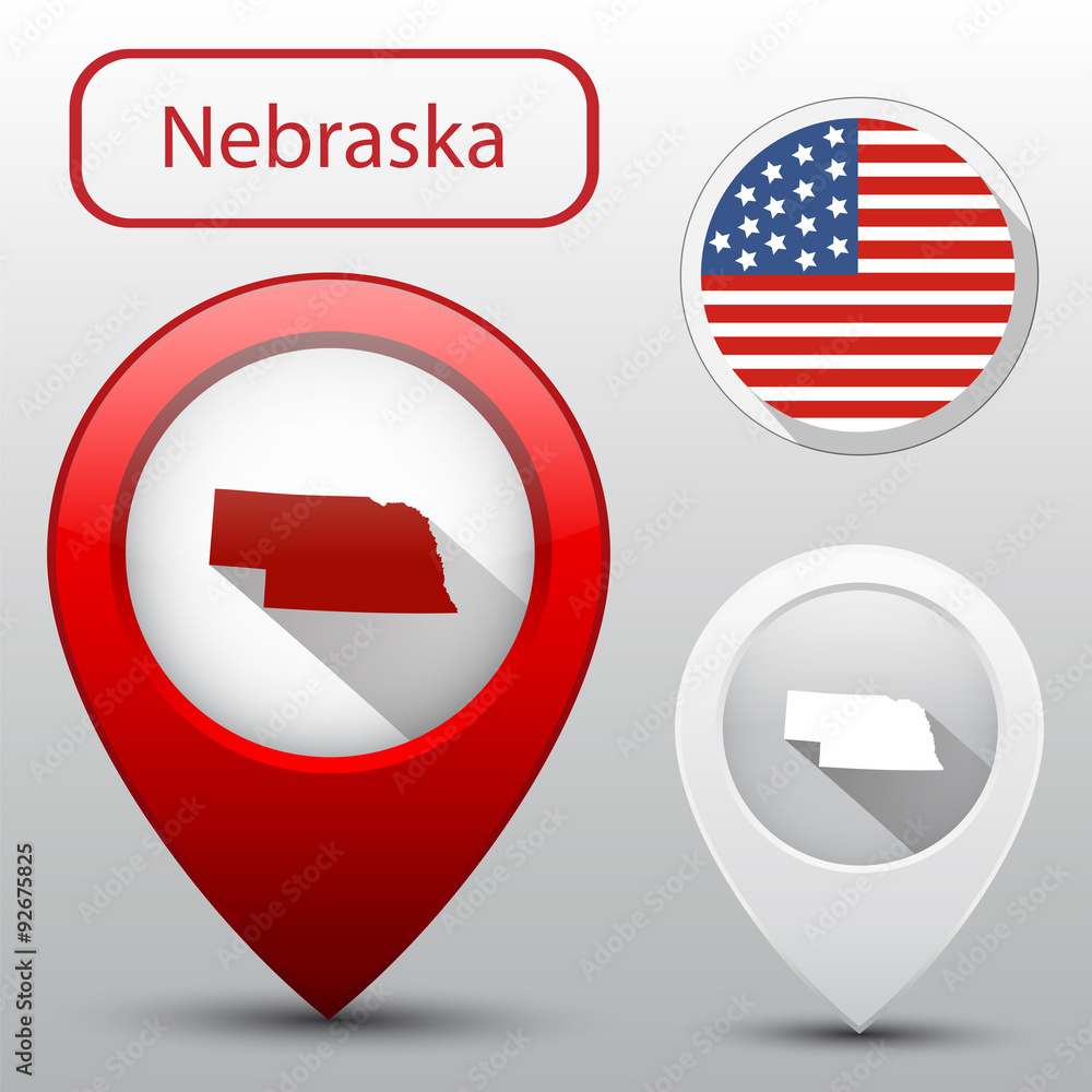 Set of Nebraska state with flag america and map pointer Set of Nebraska state with flag america and map pointer