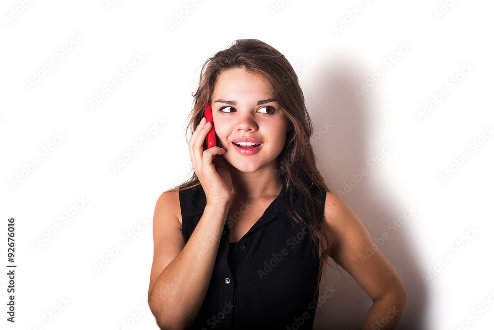 young caucasian female speaking on phone isolated on white young caucasian female speaking on phone isolated on white