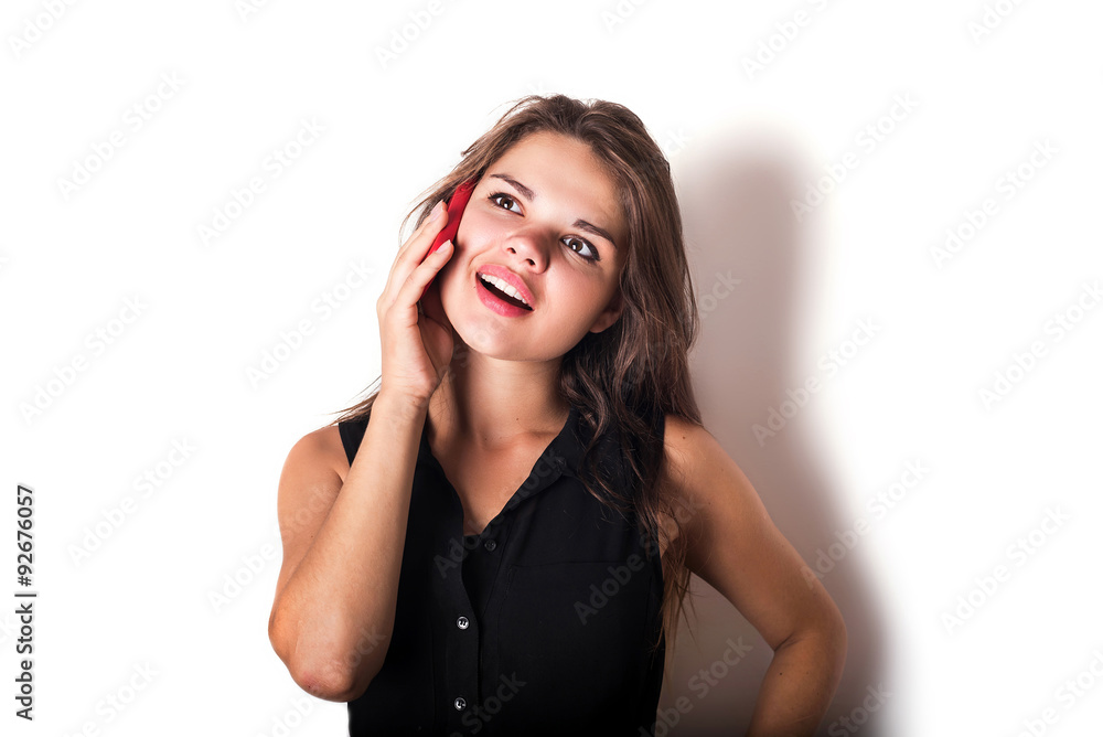 young caucasian female speaking on phone isolated on white young caucasian female speaking on phone isolated on white