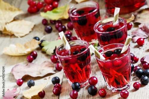 Autumn drink with cranberry and aronia, selective focus