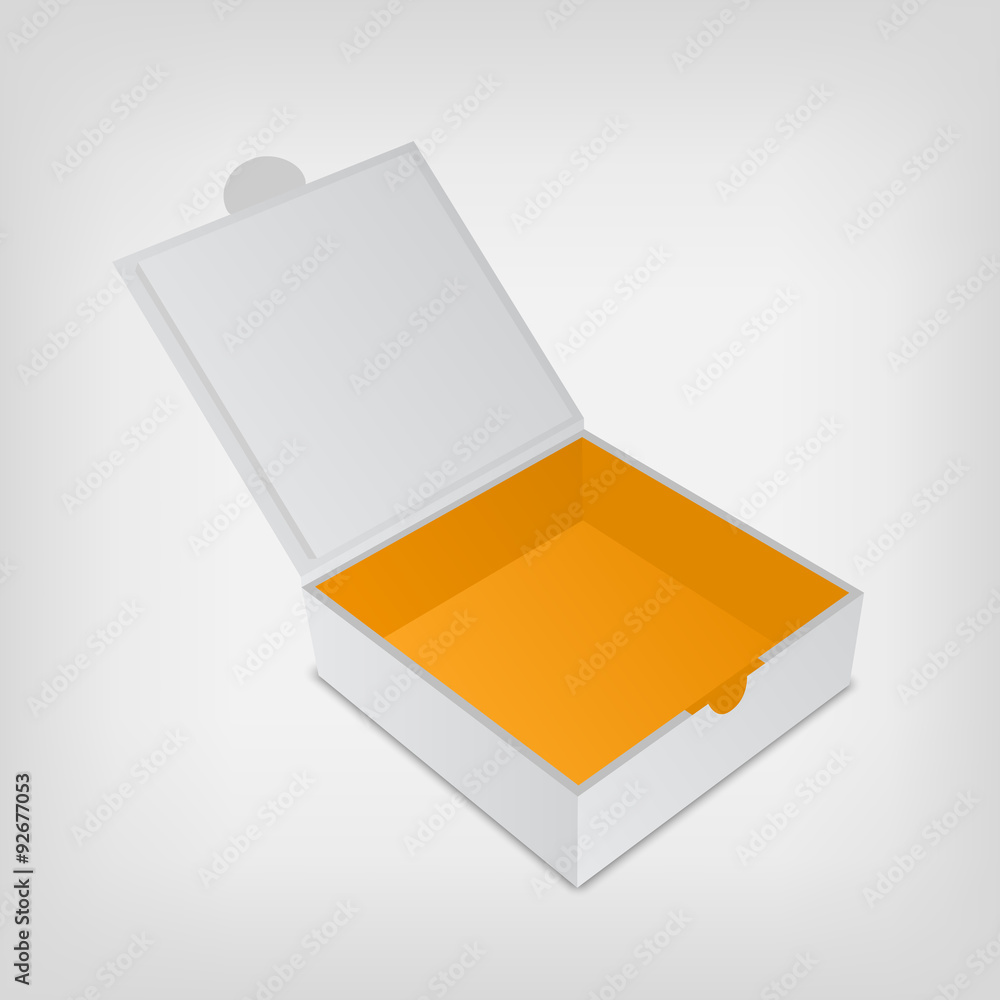 Open packaging box mockup. Gray square and orange inside. Open packaging box mockup. Gray square and orange inside.