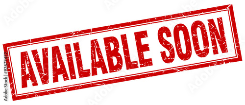 available soon red square grunge stamp on white