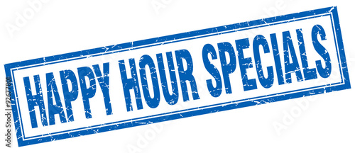 happy hour specials blue square grunge stamp on white