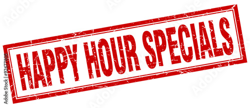 happy hour specials red square grunge stamp on white