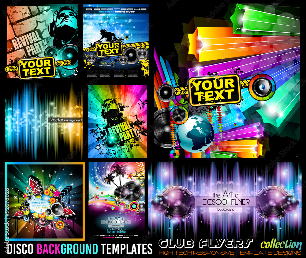 Fototapeta Big Set of Disco Club Flyer Template for your Music Event.