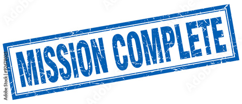 mission complete blue square grunge stamp on white