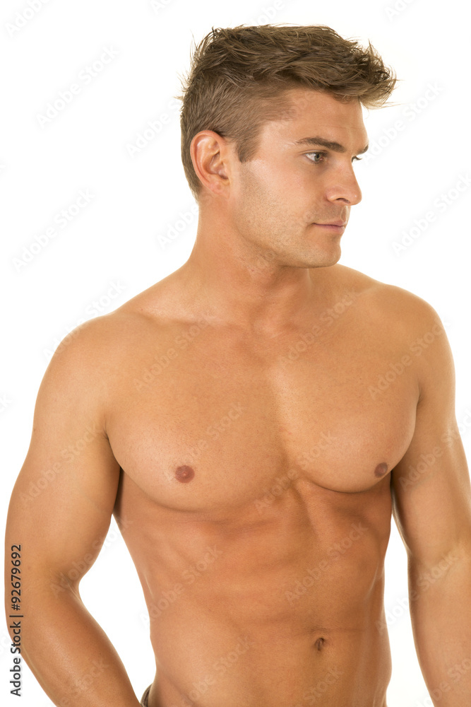 shirtless strong man upper body look side
