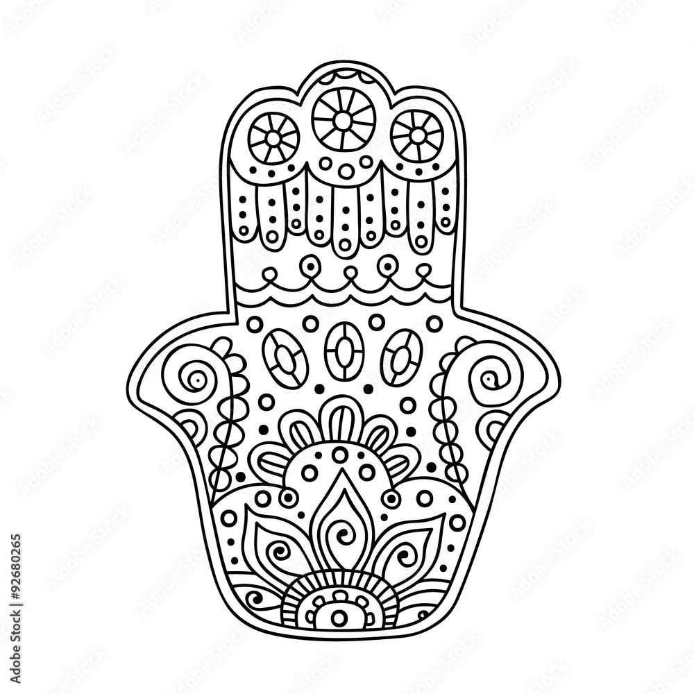 Vector hand drawn doodle hamsa with ornament.