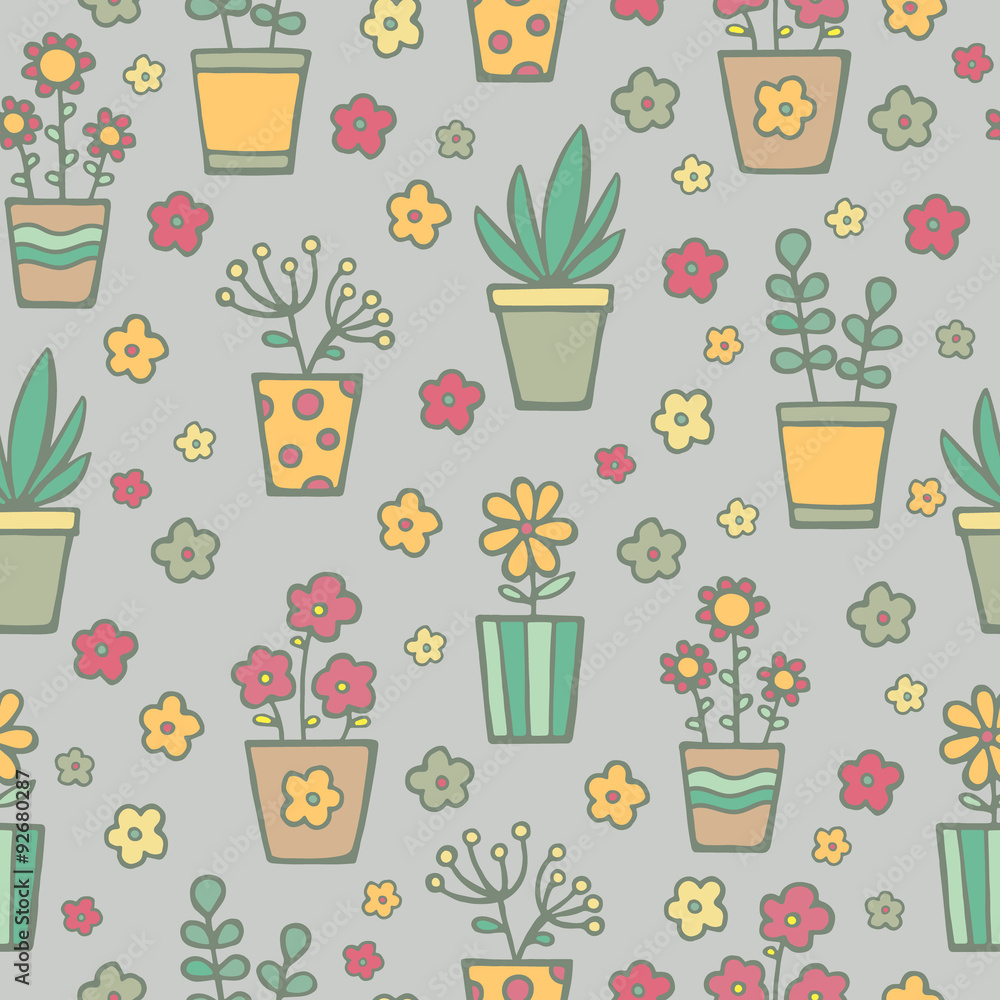 Seamless hand drawn pattern. Vector pattern with doodle house plants in pots. Seamless hand drawn pattern. Vector pattern with doodle house plants in pots.