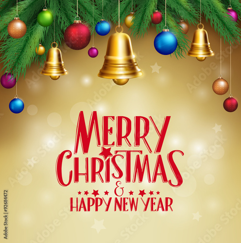 3D Realistic Merry Christmas Bells Hanging with Colorful balls in Light Background with Greetings. Vector Illustration
