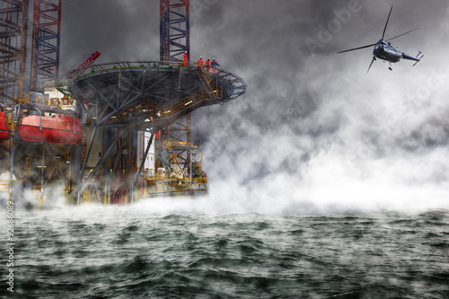 A helicopter rescue mission landing on Oil Rig.