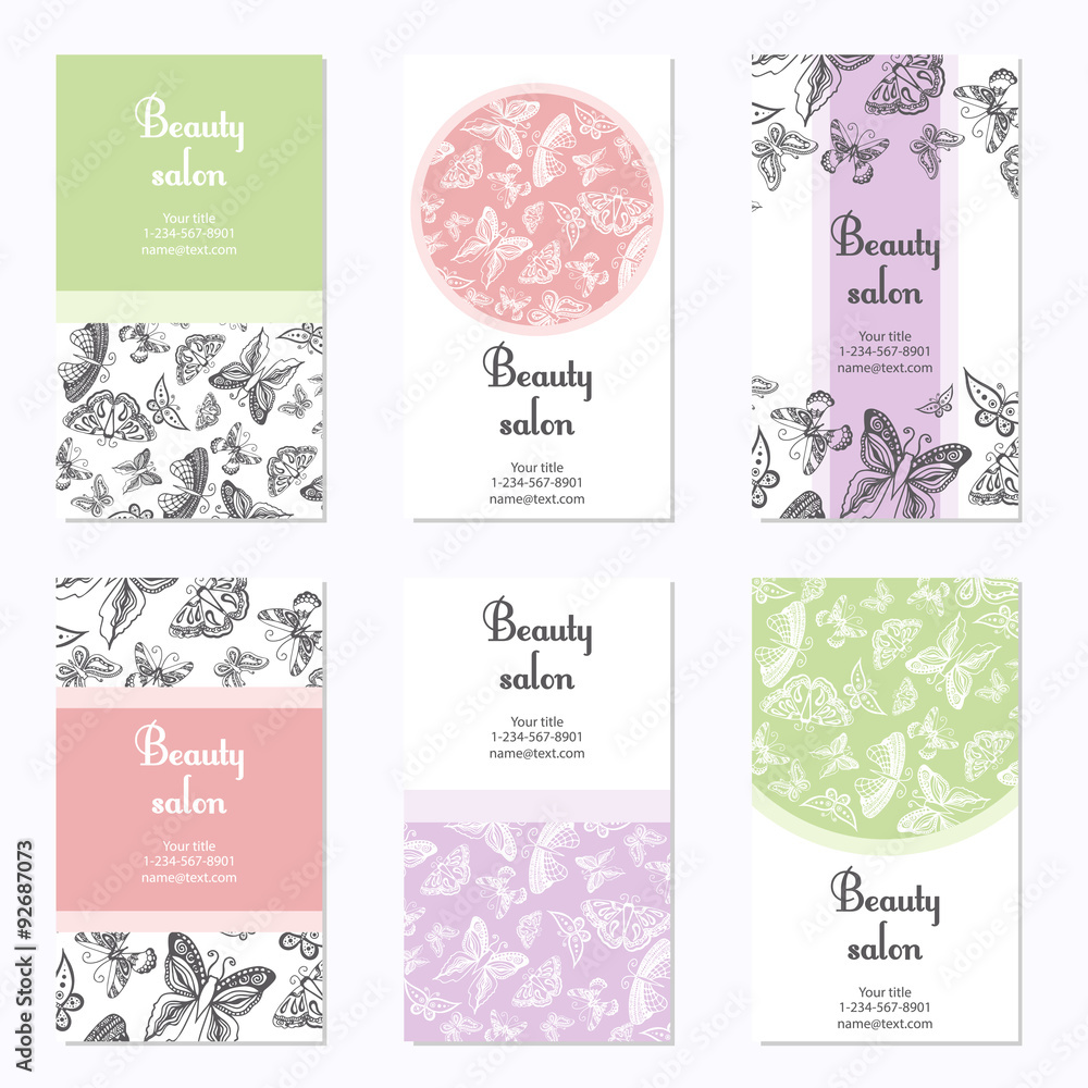 Set of beauty salon business cards with butterfly. Card template can be used for spa center, yoga or fitness class, cosmetic concept. Vector illustration