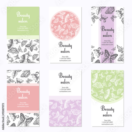 Set of beauty salon business cards with butterfly. Card template can be used for spa center, yoga or fitness class, cosmetic concept. Vector illustration