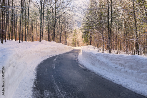 Snowy winter road in Julian Alps