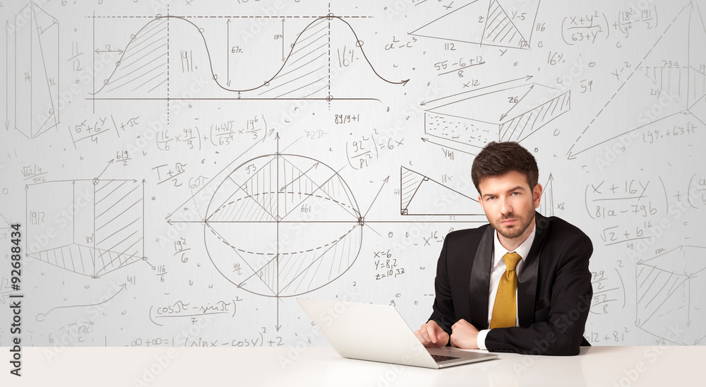 Businessman with business calculations background Businessman with business calculations background