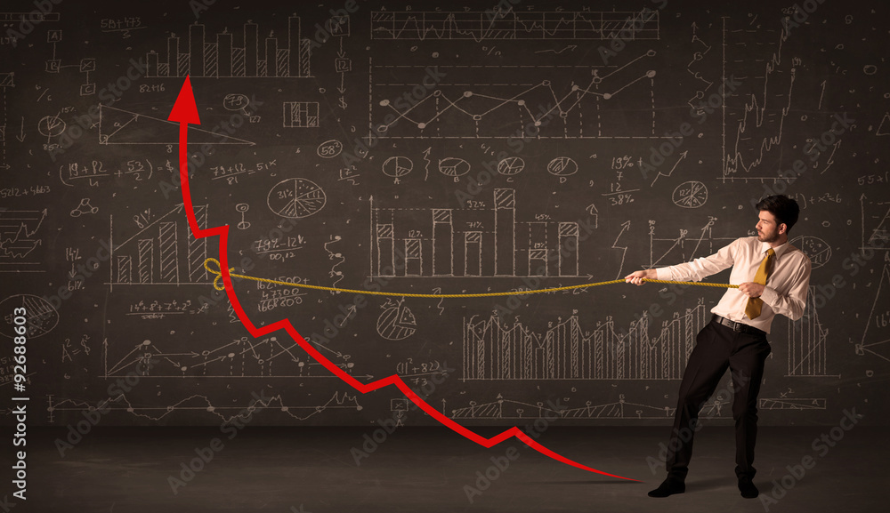 Businessman pulling a red arrow upright with a rope Businessman pulling a red arrow upright with a rope