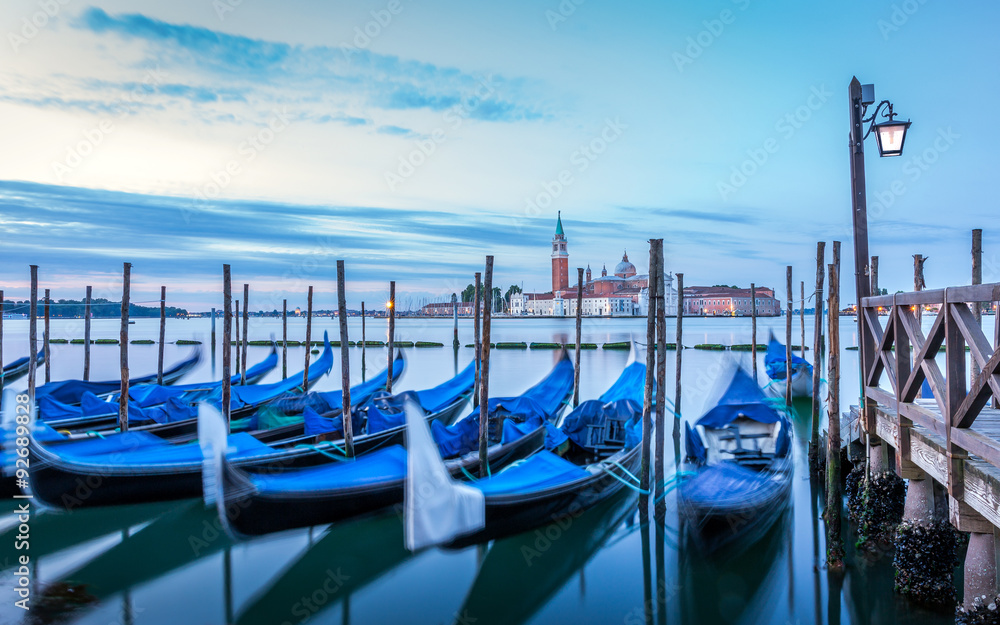 Gondolas in Venice at sunrise