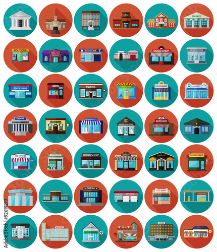 Set of the flat city buildings and shops