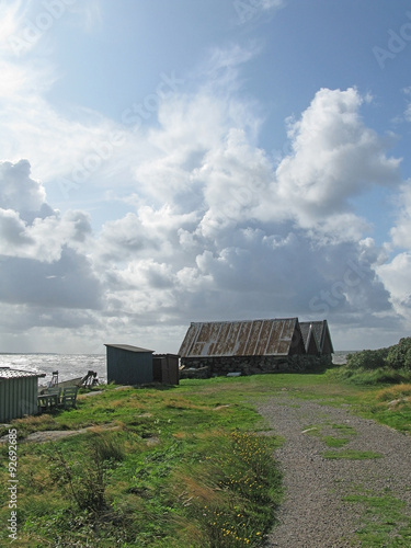 Natural landscape with fisherman's house at Skrea Strand on a sunny day with clouds in Falkenberg, Sweden.
