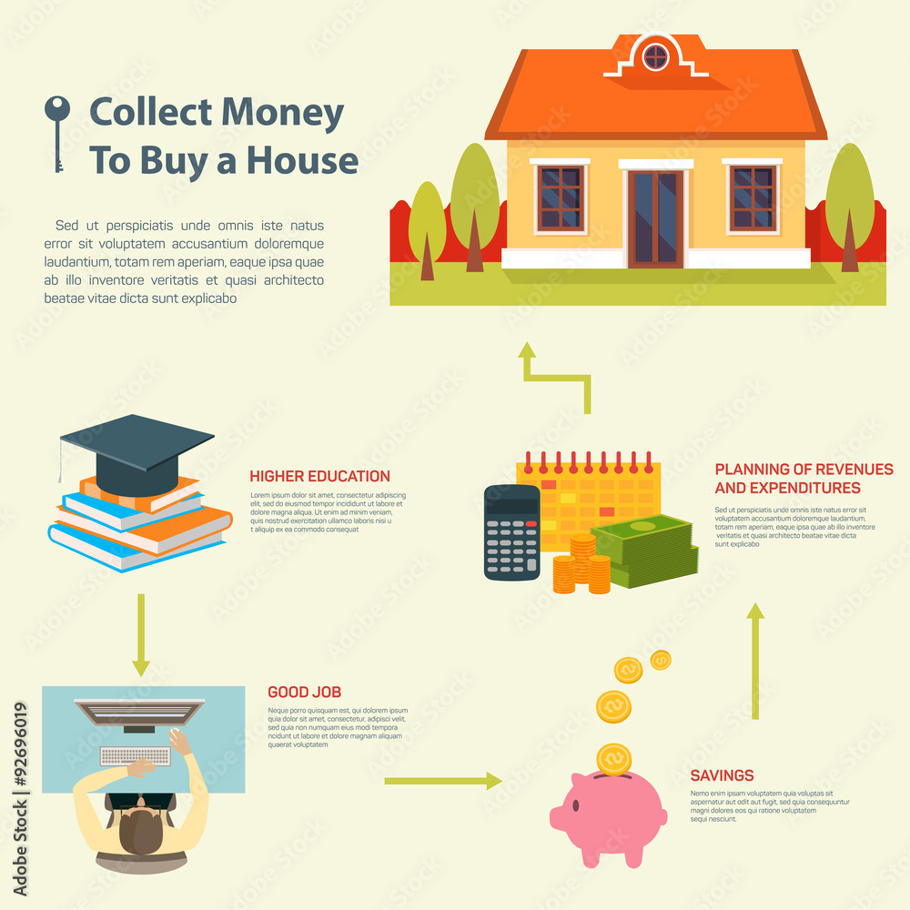 Collect money to buy a house. Vector illustration.
