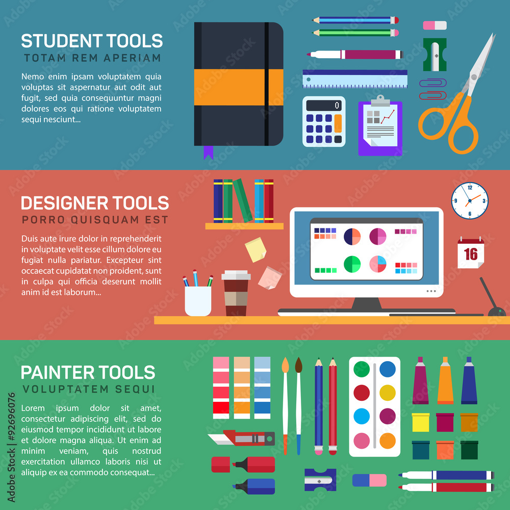 Painter and designer tools in workspace or boxes stationery Painter and designer tools in workspace or boxes stationery