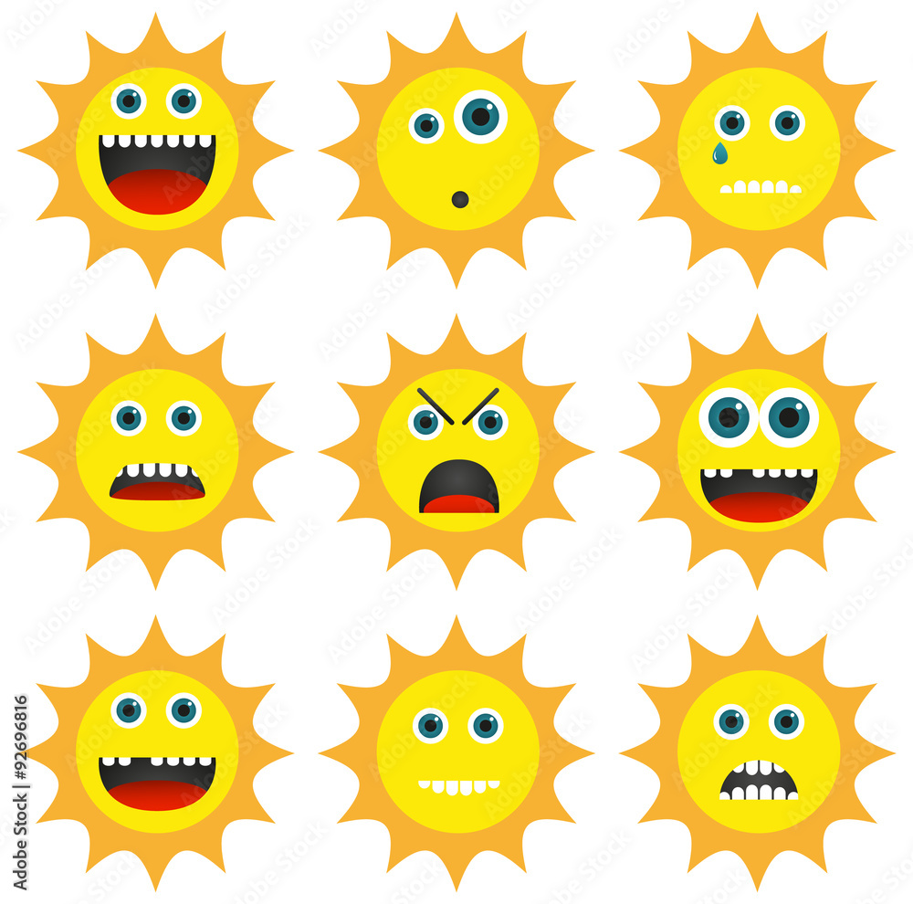 Collection of 9 different emoticons in sun shape Collection of 9 different emoticons in sun shape