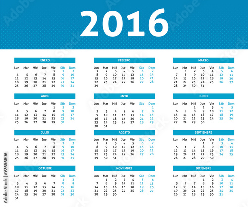 2016 year calendar in Spanis in light blue color in halftone sty