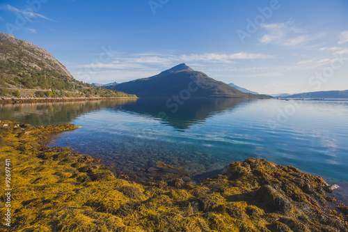 Beautiful vibrant summer norwegian landscape with coast of fjord with a blue sky, blue clear water, norway, norge