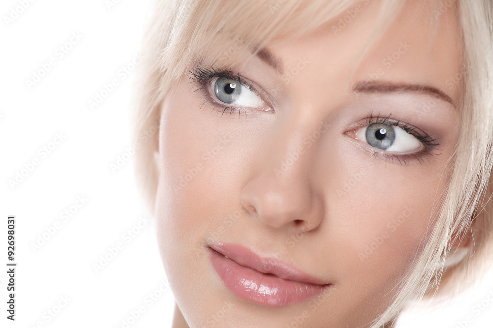 Close up portrait of beautiful young woman face. Isolated on Close up portrait of beautiful young woman face. Isolated on