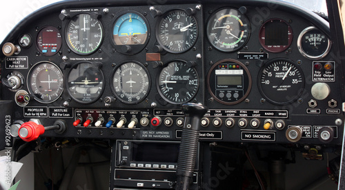 Closeup of Single-Engine Aircraft Cockpit Instrument Panel