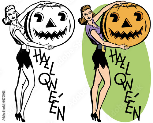Sexy Halloween woman holding a jack-o-lantern