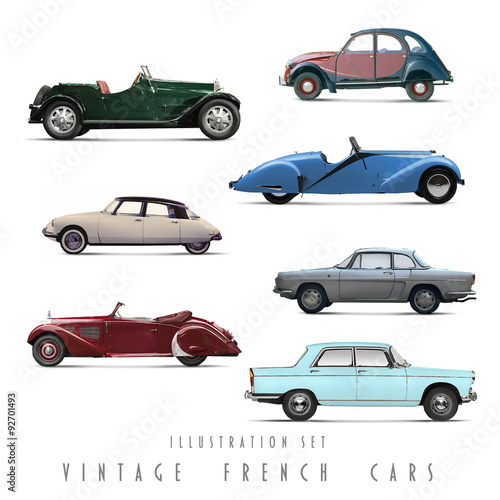 Set Illustrationen mit  historischen franz  sischen Autos