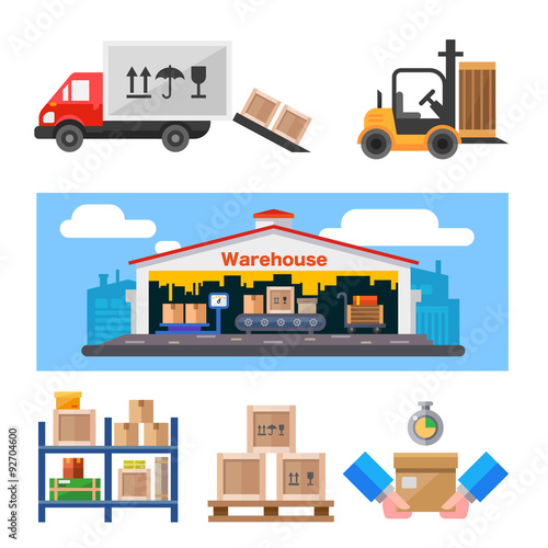 Warehouse and all the stuff: warehouse building, truck, loader with weight, shelves with boxes. Flat vector illustration set. photo