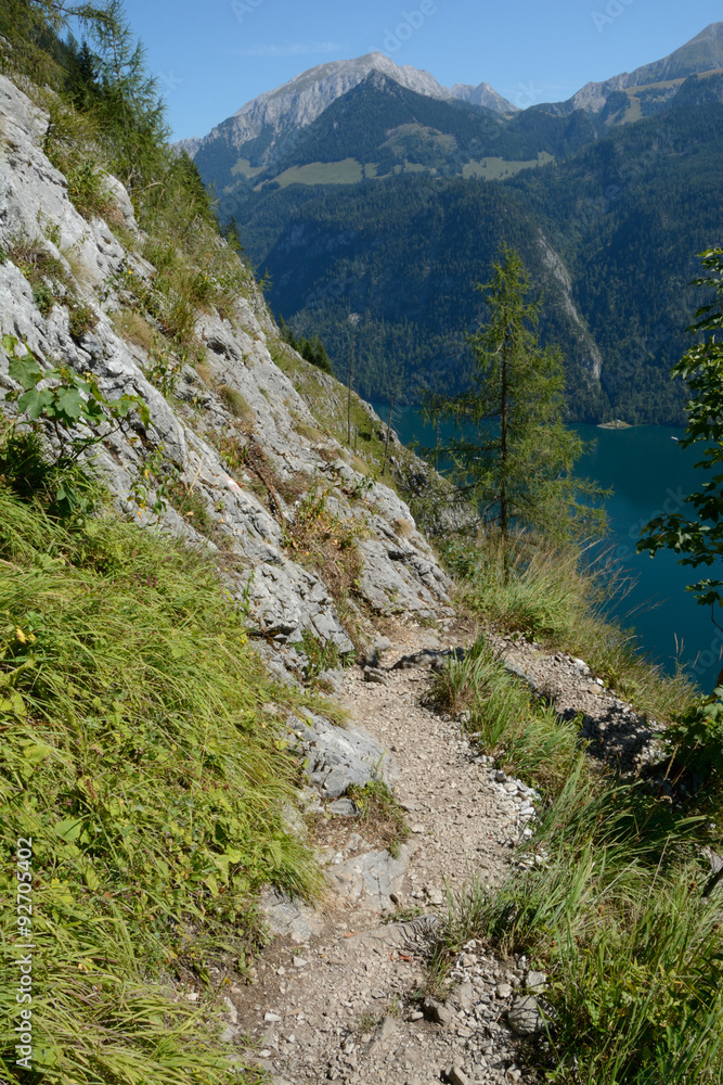 Mountain trail nearby St Bartholoma church at Koenigssee lake. Mountain trail nearby St Bartholoma church at Koenigssee lake.