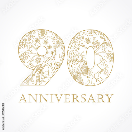 90 anniversary vintage numbers. The template logo 90th birthday in ethnic patterns and the birds of paradise.