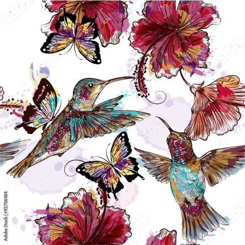 Floral seamless wallpaper pattern with hummingbirds