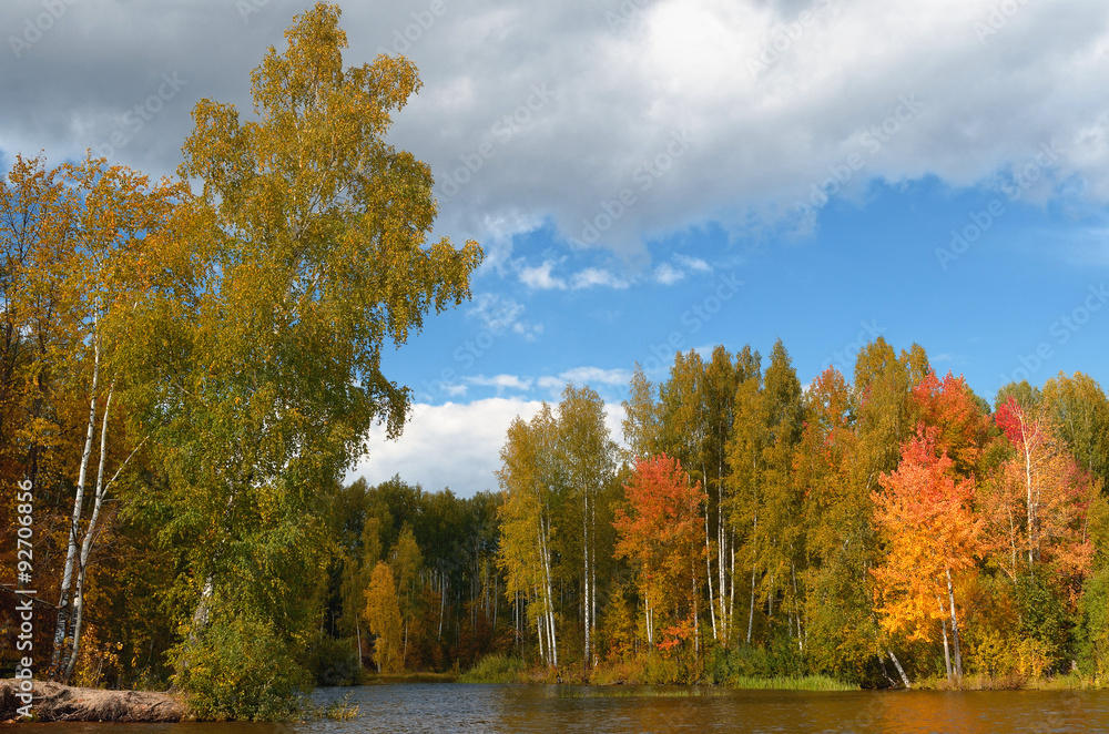 Fototapeta premium Landscape colorful autumn forest lake river sky clouds