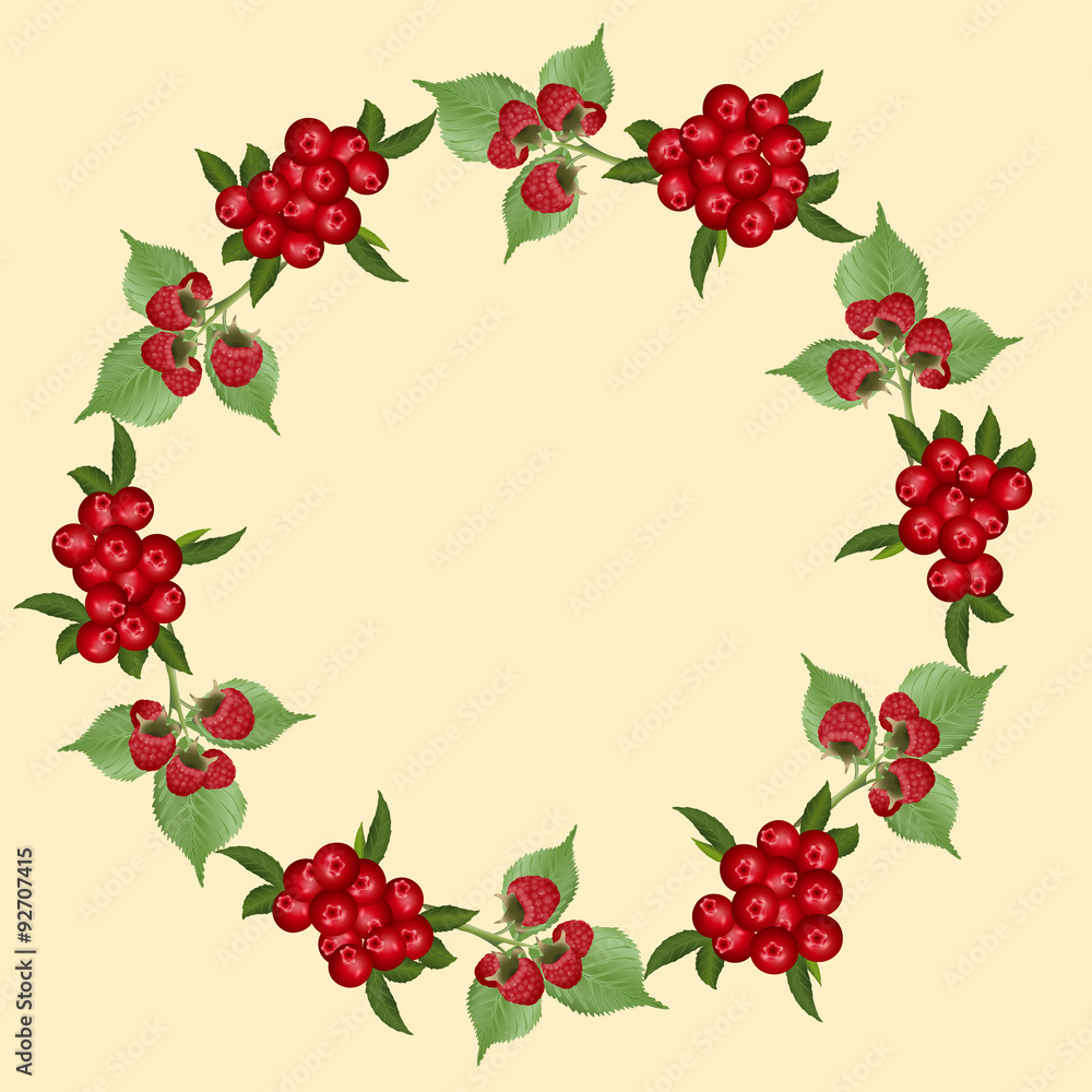 frame of raspberries and cranberries with green leaves frame of raspberries and cranberries with green leaves