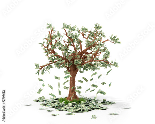 Money tree with bills growing on it and lying on white grownd.