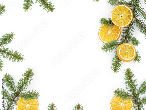 fir twig with dried orange slice on white background