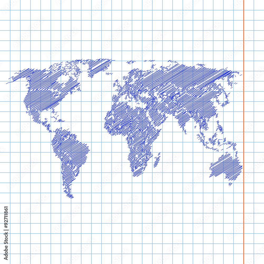 Vector Illustration Of Scribble Sketchy Painted World Map On A School Notebook Sheet.