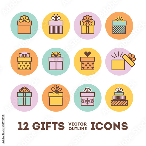 Gifts outline icons set for celebrating card, interface, illustration.