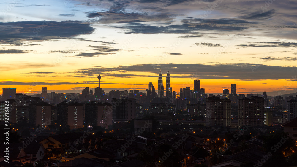 KUALA LUMPUR, MALAYSIA - 6TH APRIL 2015 : View of The Petronas Twin Towers during sunset on April 6, 2015 in Kuala Lumpur, Malaysia. Petronas are the tallest twin buildings in the world (451.9 m).