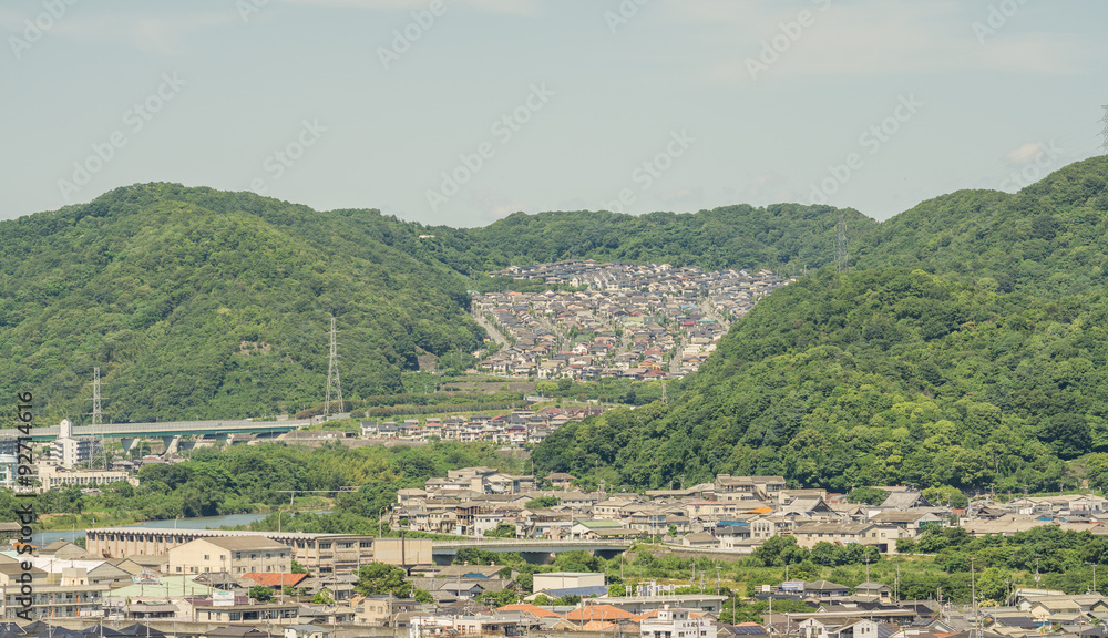 Himeji city residential district on hill from castle