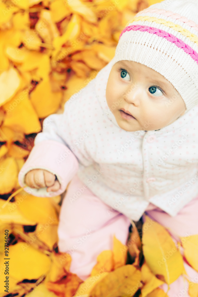 portrait of baby at autumn park with yellow leaves background portrait of baby at autumn park with yellow leaves background