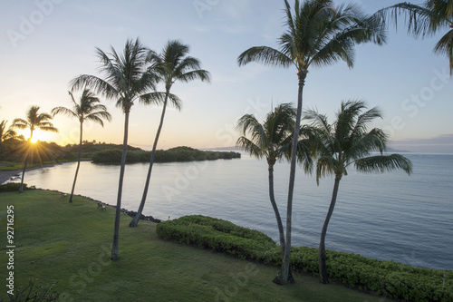 Pukoo beache and palm trees and Sunrise, Molokai, Hawaii