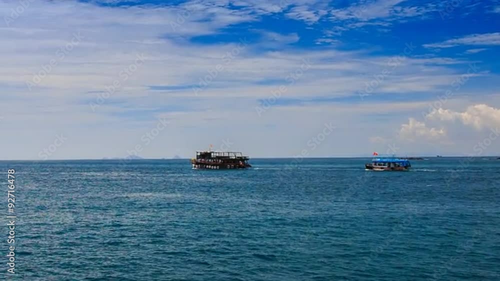 large tourist boats drift against boundless sea large tourist boats drift against boundless sea