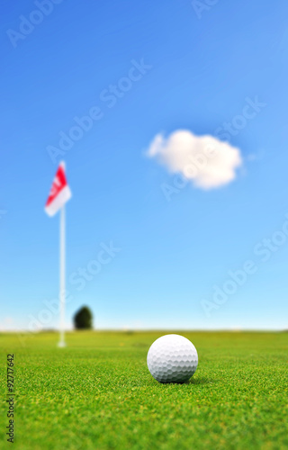 Golf ball in front of flag