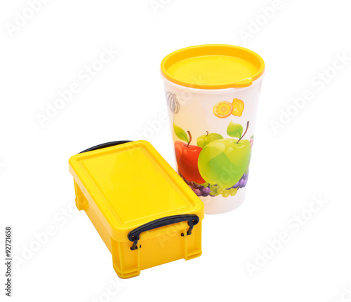 School Lunch box & Glass of Juice on White Background